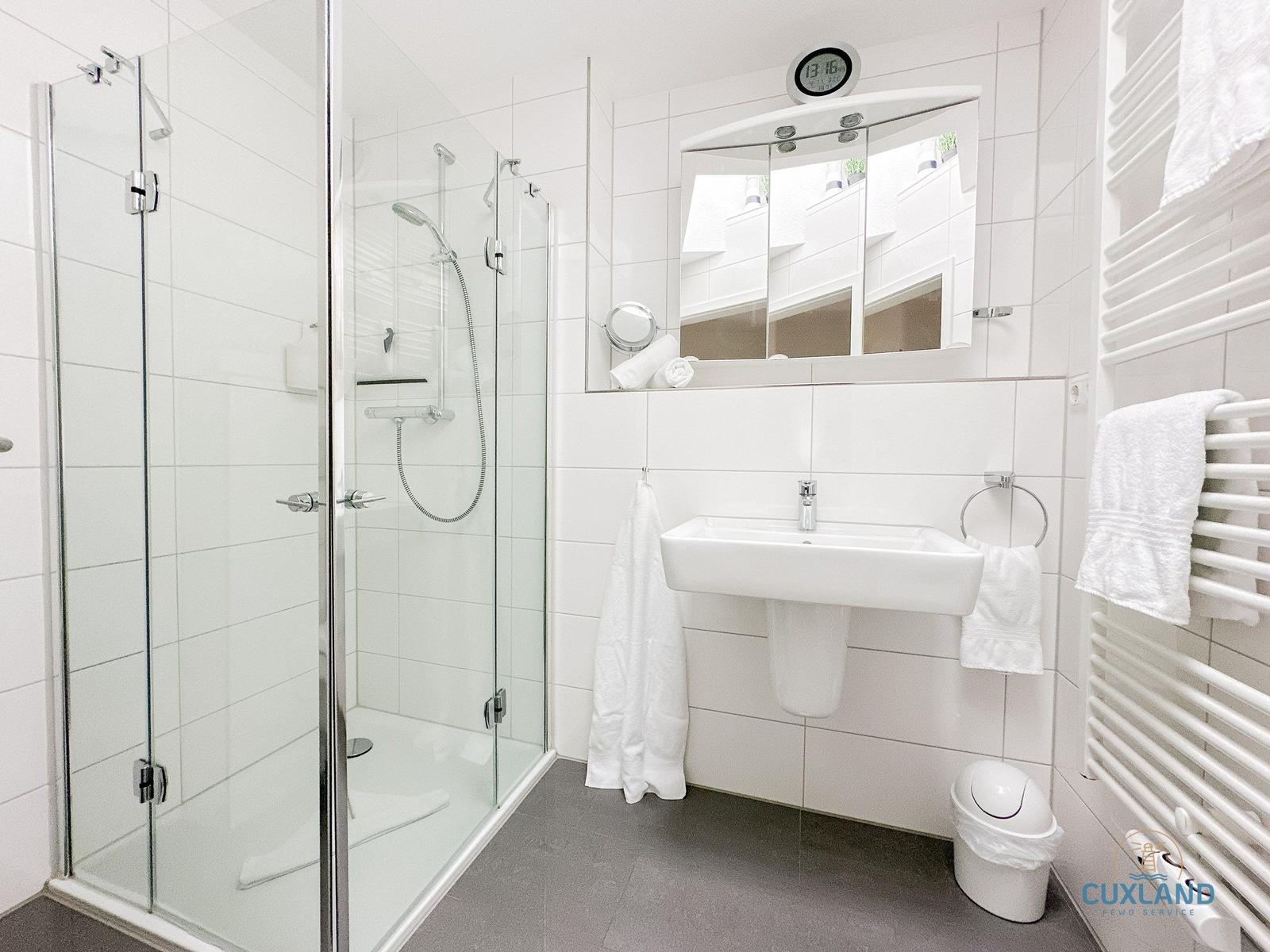 Badezimmer mit Dusche, Waschbecken und Heizkörper.