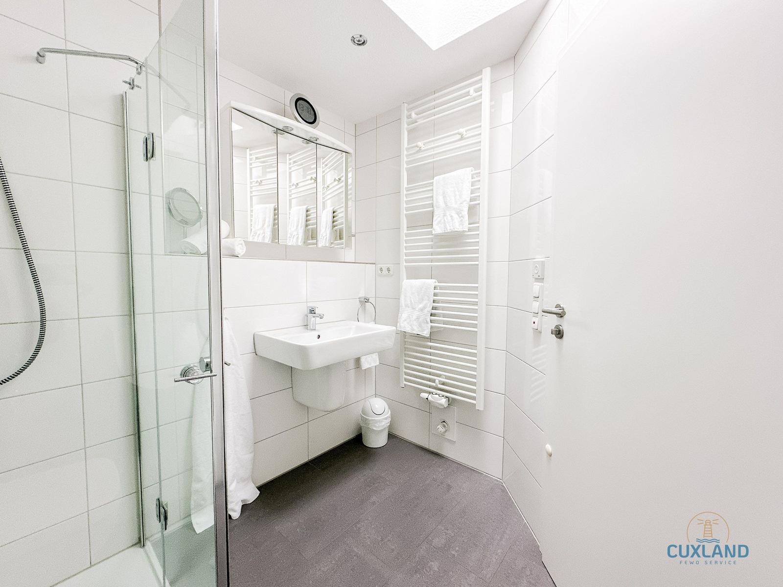 Badezimmer mit Dusche, Waschbecken und Heizkörper.