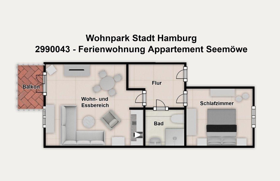 Wohnung mit Schlafzimmer, Bad, Wohn- und Essbereich sowie Balkon.