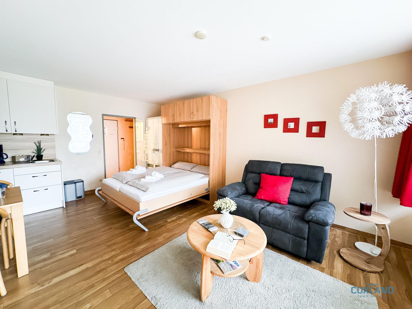 Wohnzimmer mit Sofa, Bett und Küchenbereich. Holzboden und moderne Einrichtung.