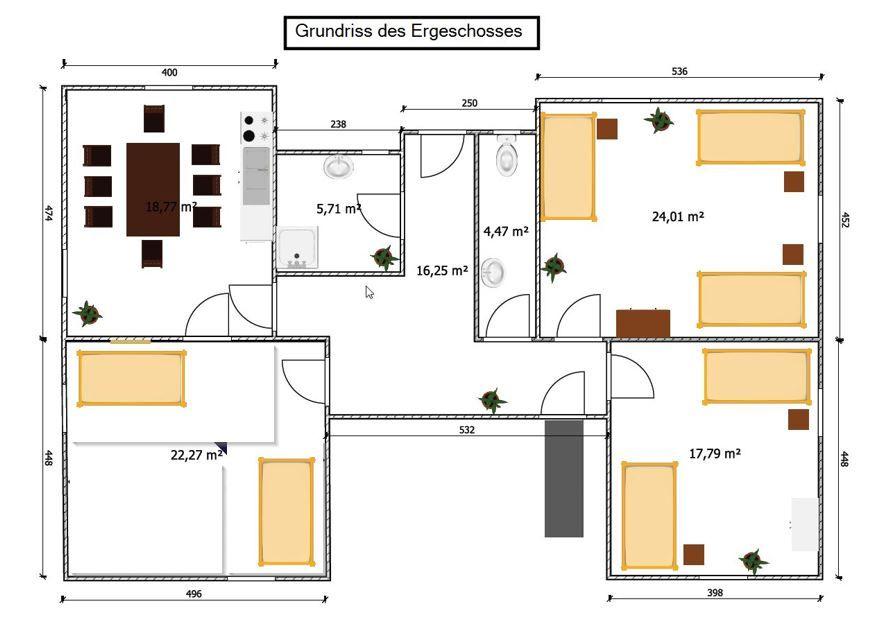 Grundriss des Erdgeschosses mit Wohn-, Schlaf- und Badräumen.