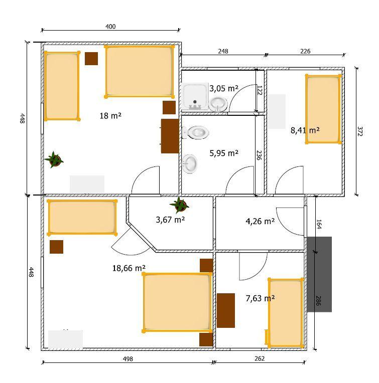 Dieses Haus hat mehrere Räume mit verschiedenen Flächenangaben.
