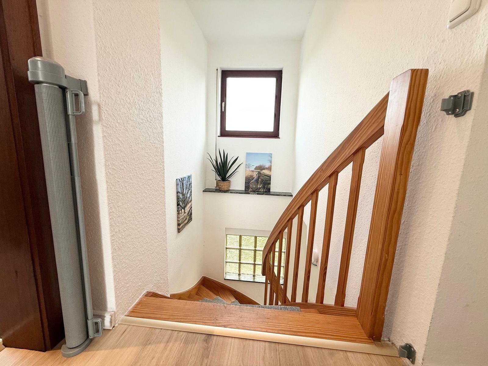 Wooden staircase with handrail, wall art, and plant on the wall