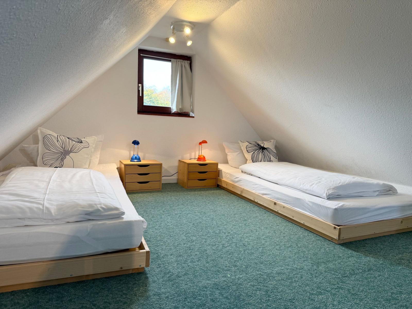 Two beds with nightstands and lamps under a skylight window.
