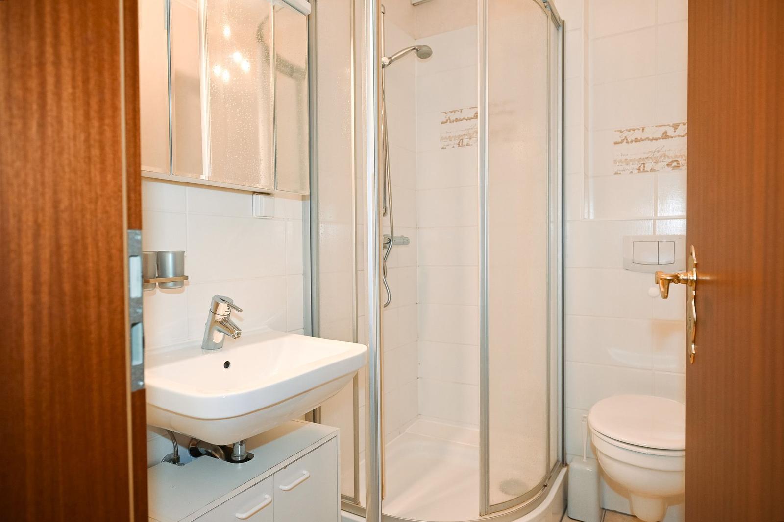 Badezimmer mit Dusche, Waschbecken und Toilette. Fliesenwand und Holztür.