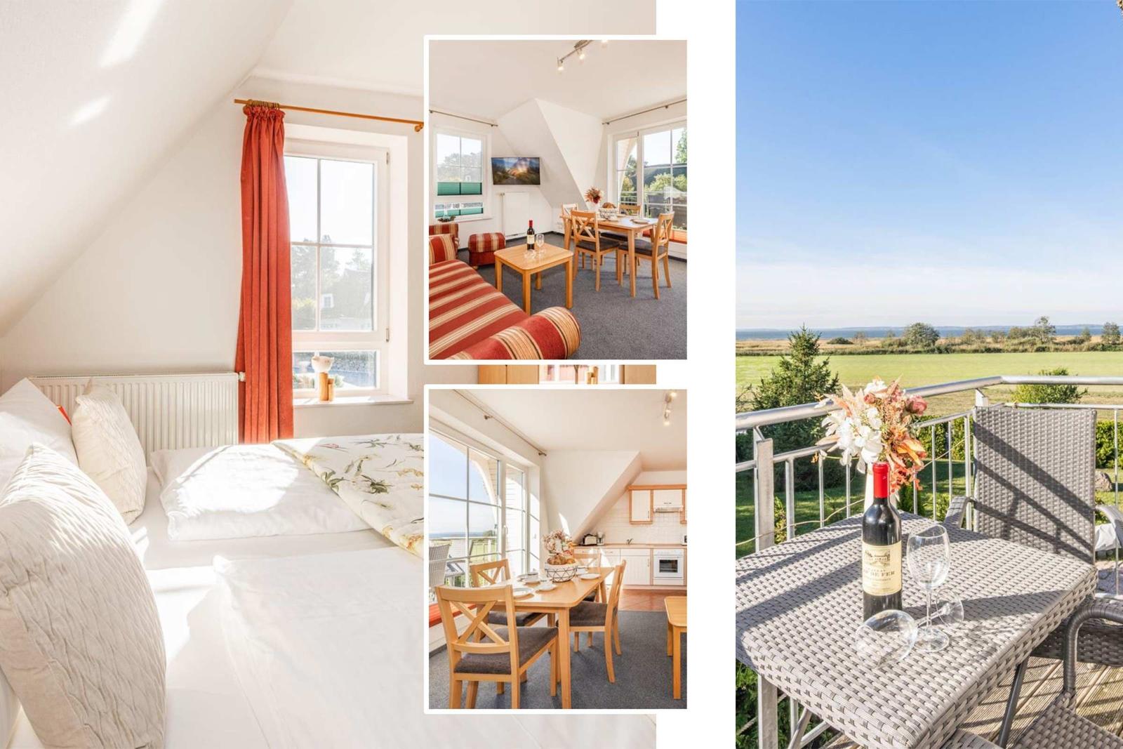 Schlafzimmer, Wohnbereich, Küche und Balkon mit Tisch, Stühlen und Weinkrug.