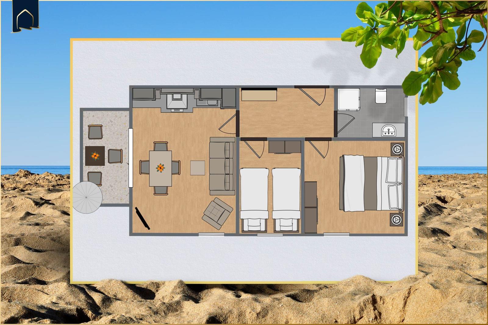 Dieses Ferienhaus hat eine Küche, ein Wohnzimmer, zwei Schlafzimmer und ein Badezimmer.