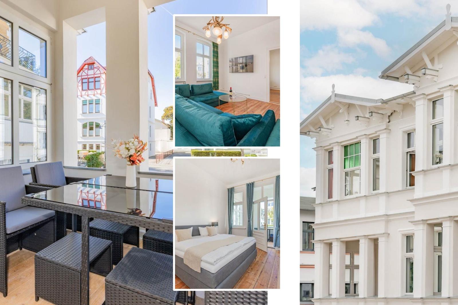 Wohnung mit Balkon, Wohnzimmer, Schlafzimmer und historischem Gebäude