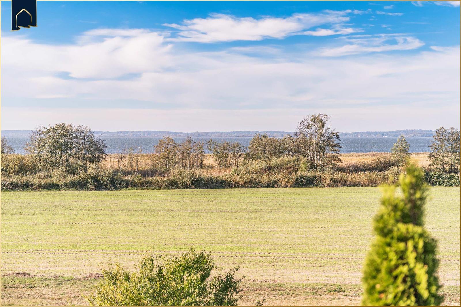 Weitläufiges Feld mit Blick auf einen See und Baumreihe im Hintergrund unter blauem Himmel.