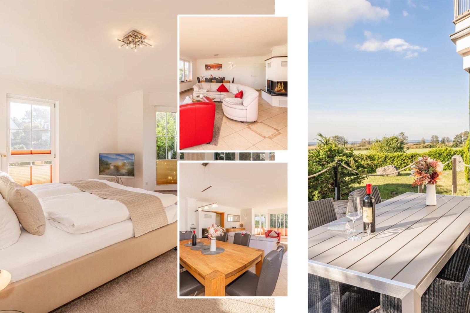 Schlafzimmer mit Bett und TV, Wohnzimmer mit Sofa und Kamin, Terrasse mit Tisch und Aussicht.