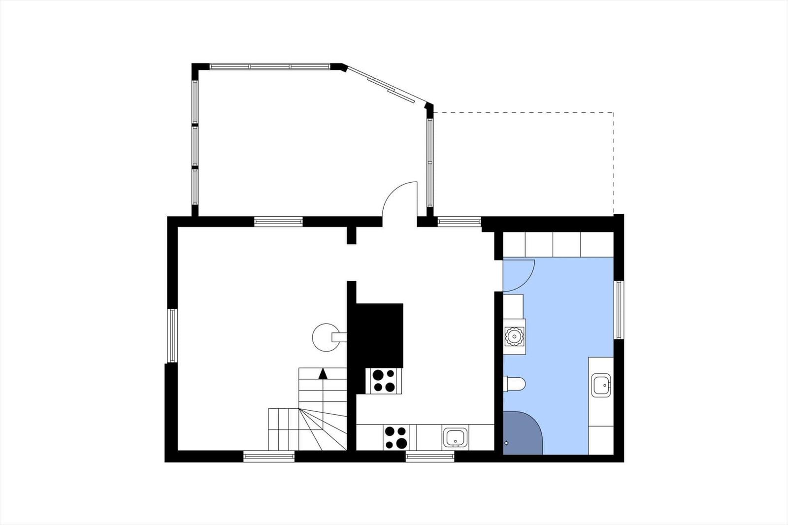 Wohnung mit Küche, Bad und Treppenhaus. Raumübersicht mit schematischer Darstellung.
