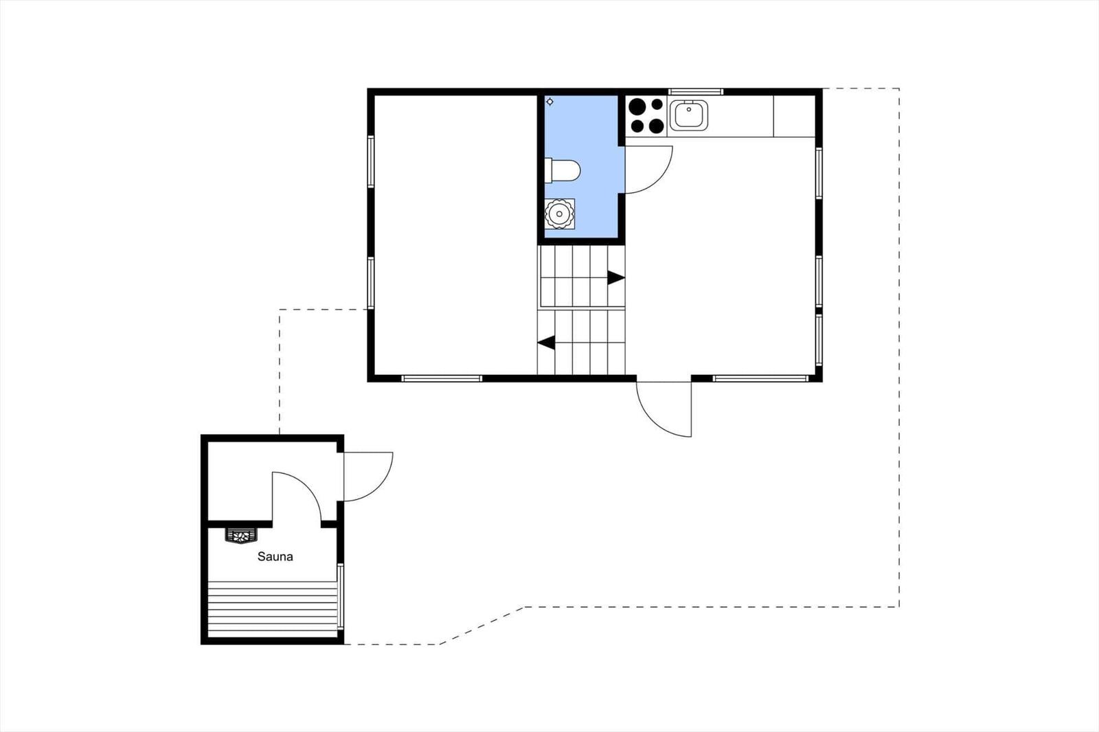Einfache Grundrisszeichnung mit Küche, Bad und Sauna