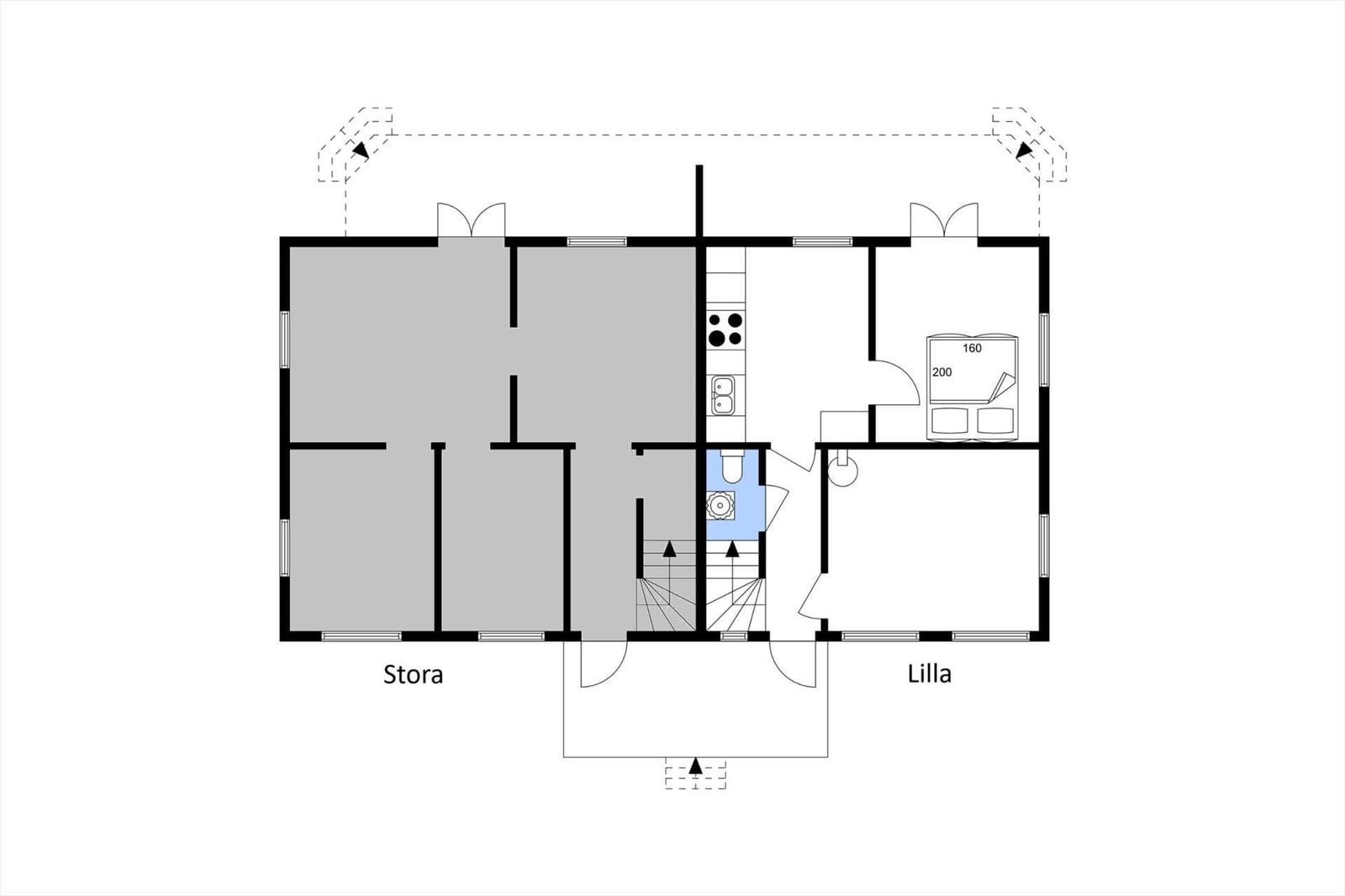 Grundriss mit zwei Räumen, Küche und Bad. Stora und Lilla sind markiert.