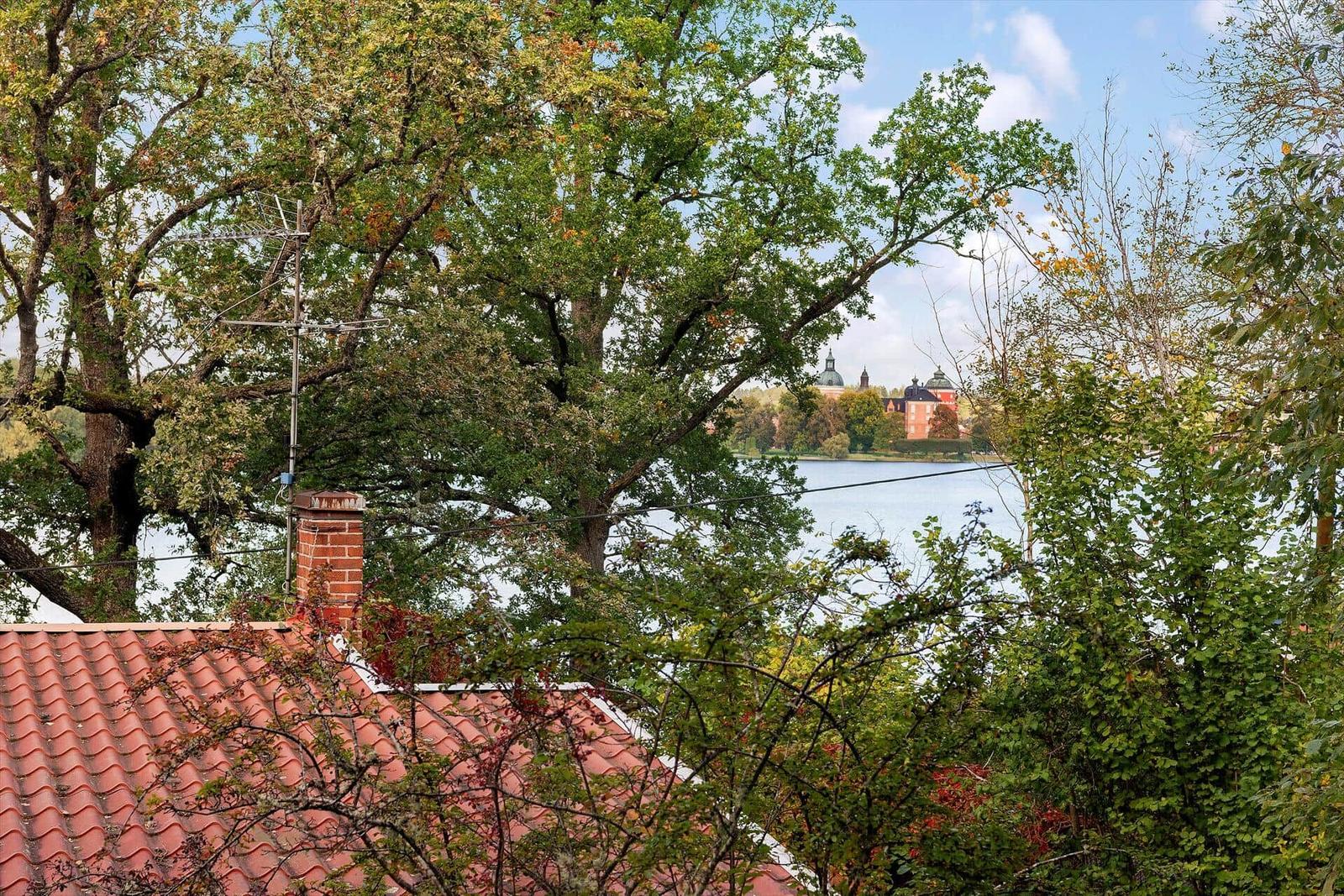 Roter Ziegeldachfirst mit Blick auf einen See und ein Schloss durch Bäume.