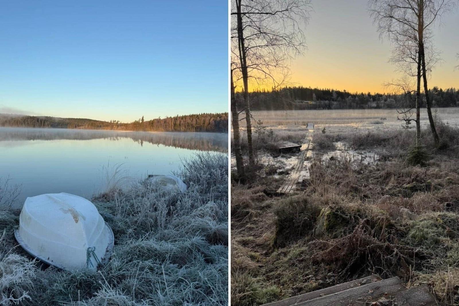 Frostbedeckte Uferlandschaft mit Boot und Holzsteg am See.