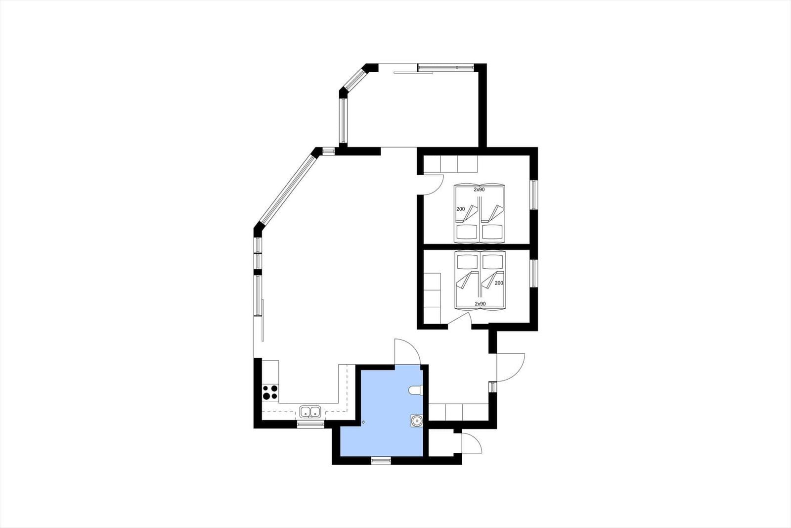 Wohnung mit zwei Schlafzimmern, Küche und Bad. Grundriss zeigt Raumverteilung.