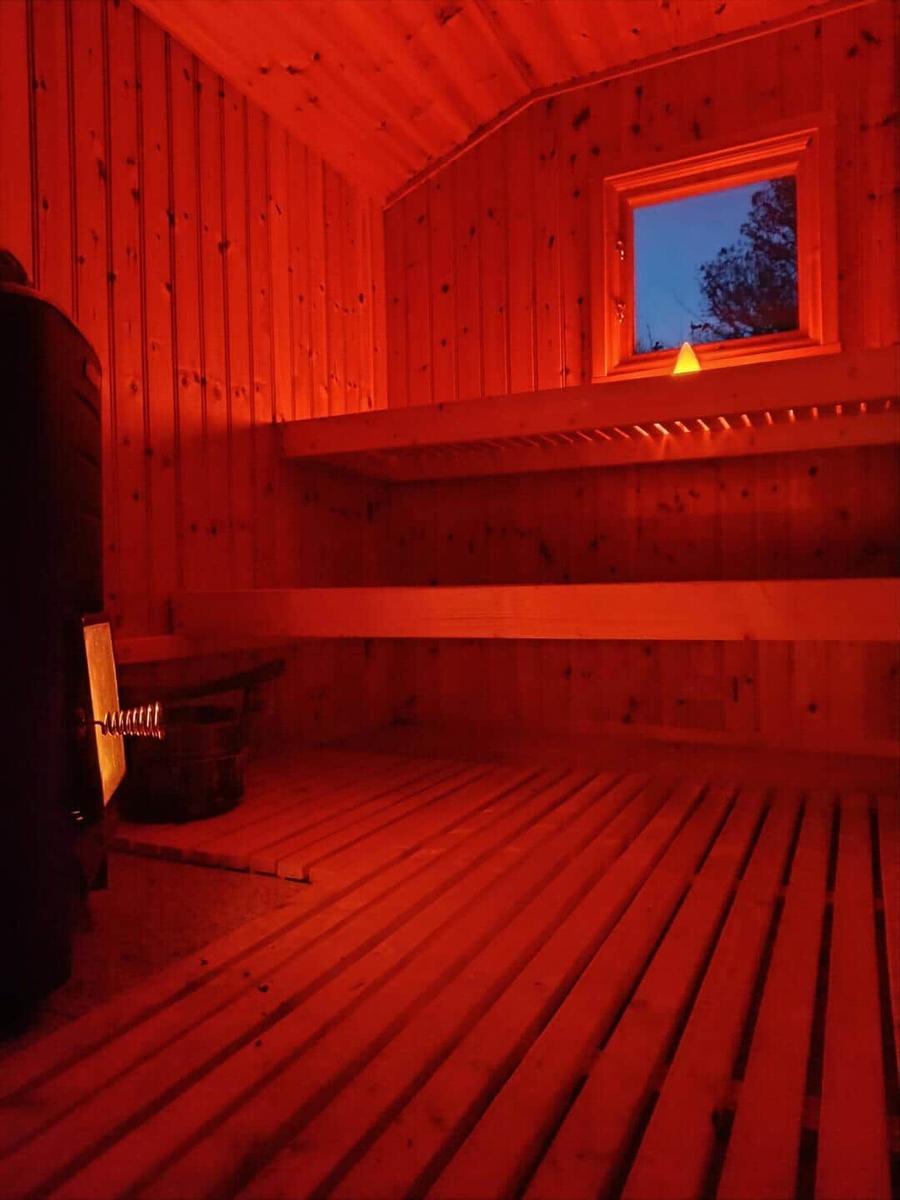 Sauna mit Holzwand, Sitzbänken und Fenster. Heizung und Eimer sichtbar.