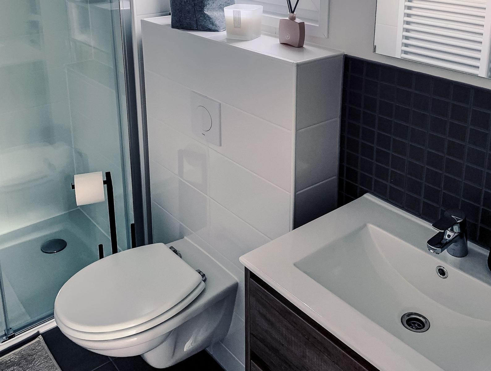 Badezimmer mit Toilette, Dusche und Waschbecken