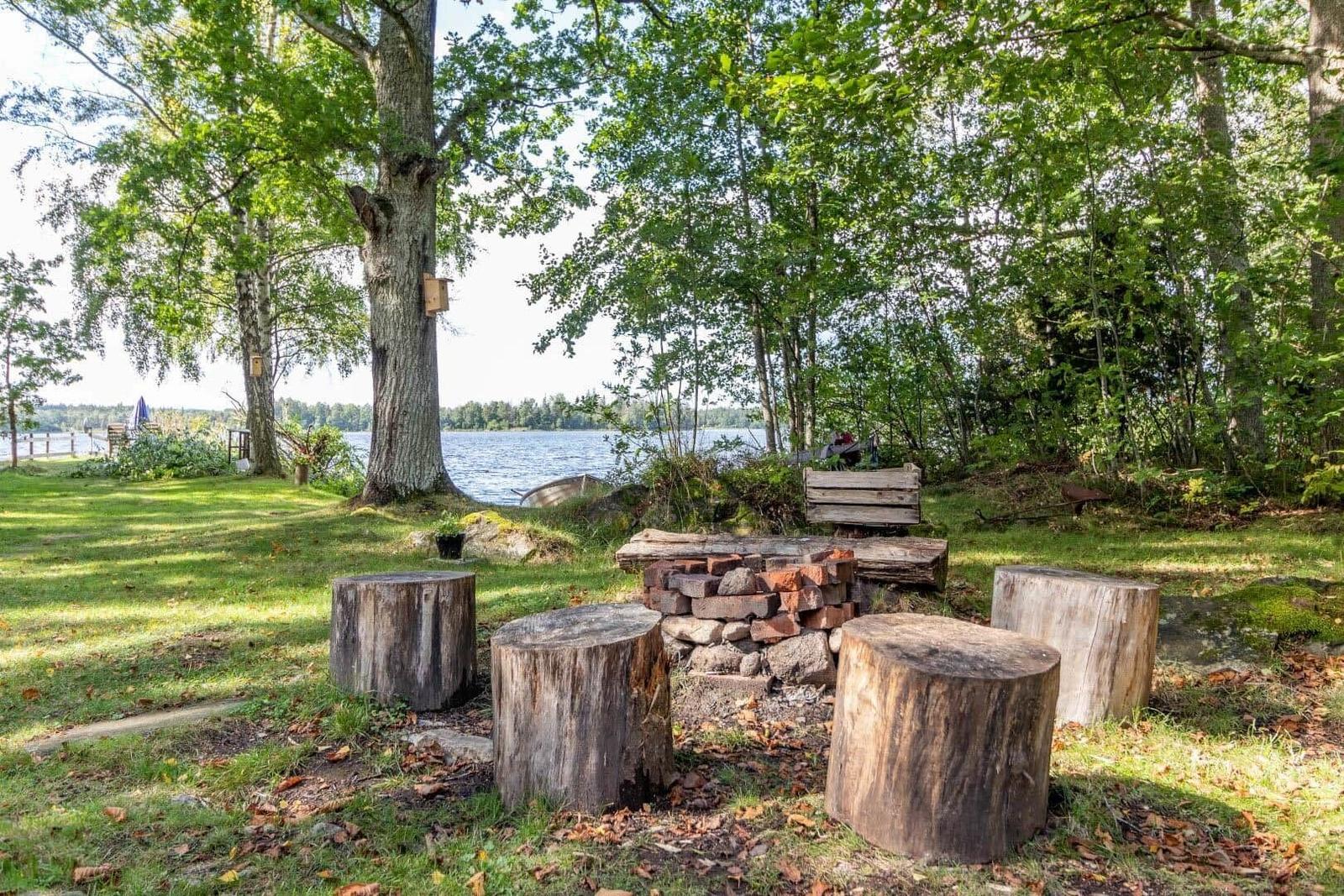 Feuerstelle mit Holzstümpfen und Blick auf den See.