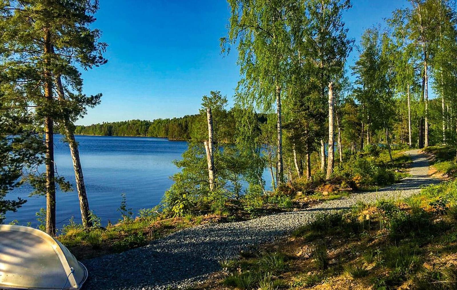 Waldweg entlang eines Sees mit Blick auf Bäume und Wasser.