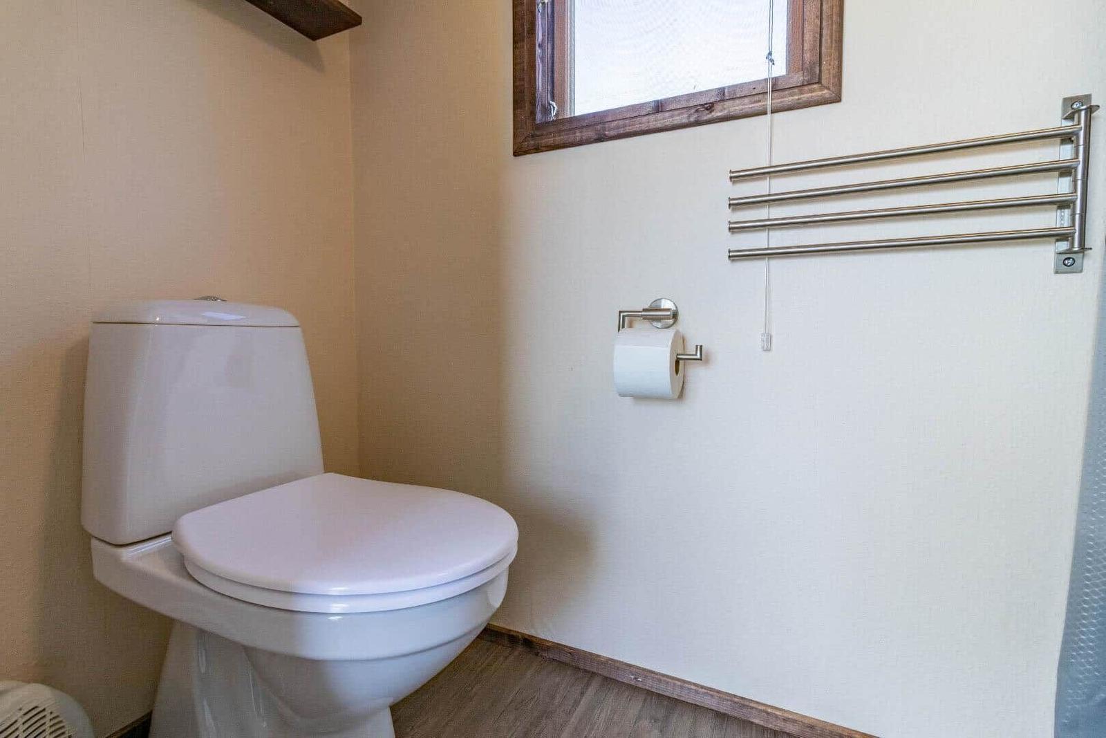 Toilette mit Toilettenpapierhalter, Heizkörper und Fenster