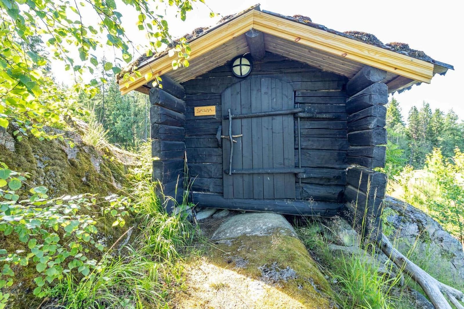 Wooden sauna with sliding door and roof, surrounded by grass and trees.