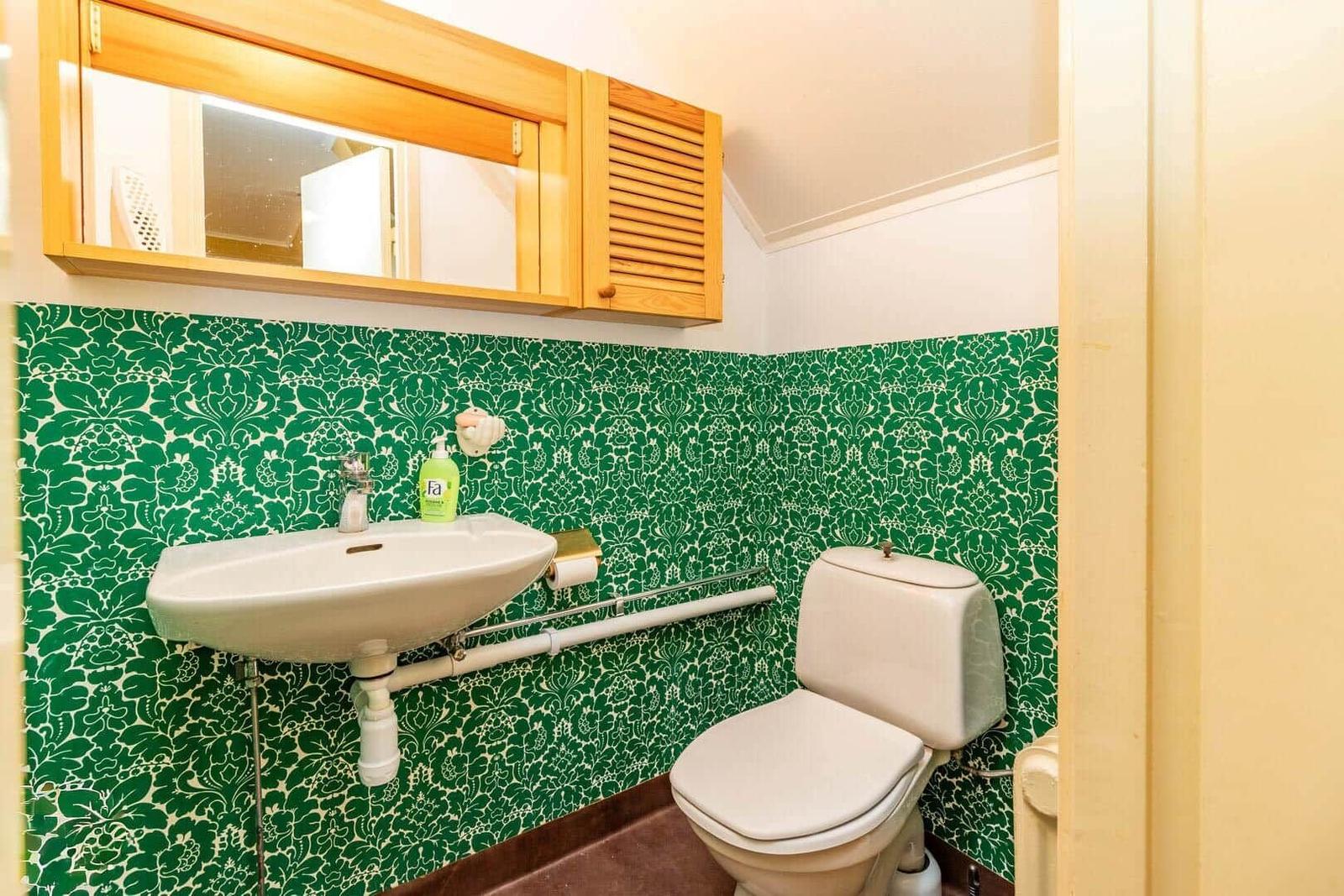 Badezimmer mit grünem Tapetenmuster, Waschbecken und Toilette.
