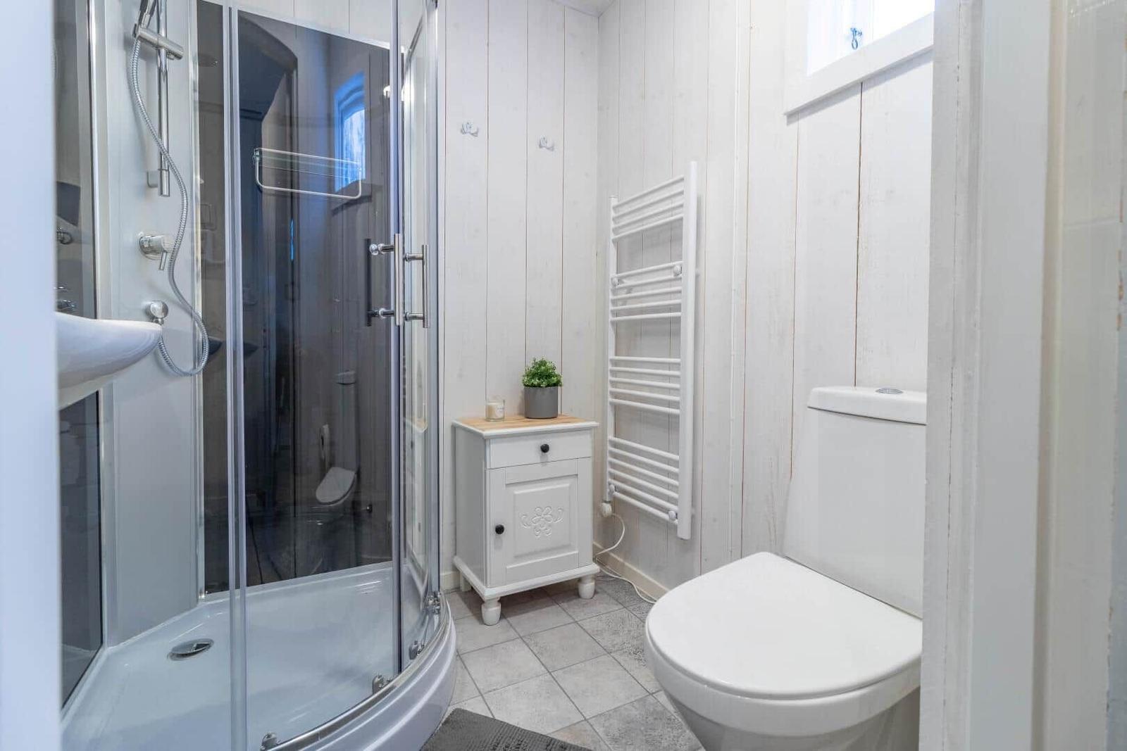 Badezimmer mit Dusche, Toilette und Heizkörper