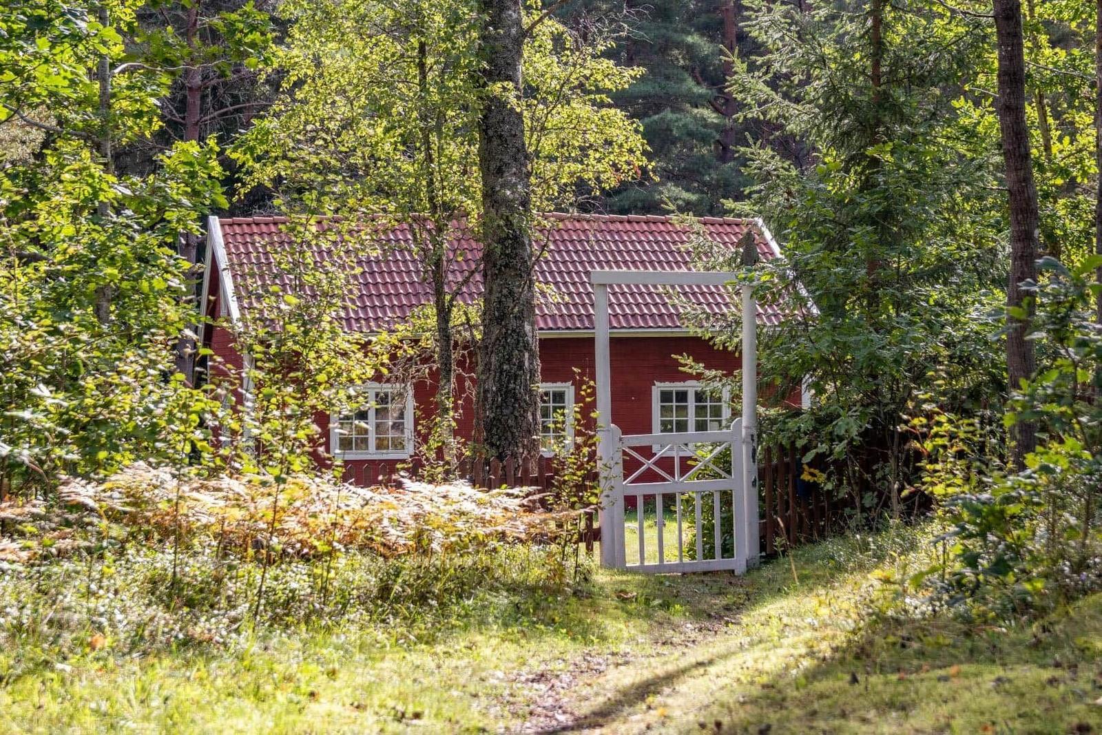 Red wooden house with white gate in the forest. Windows and roof are visible.