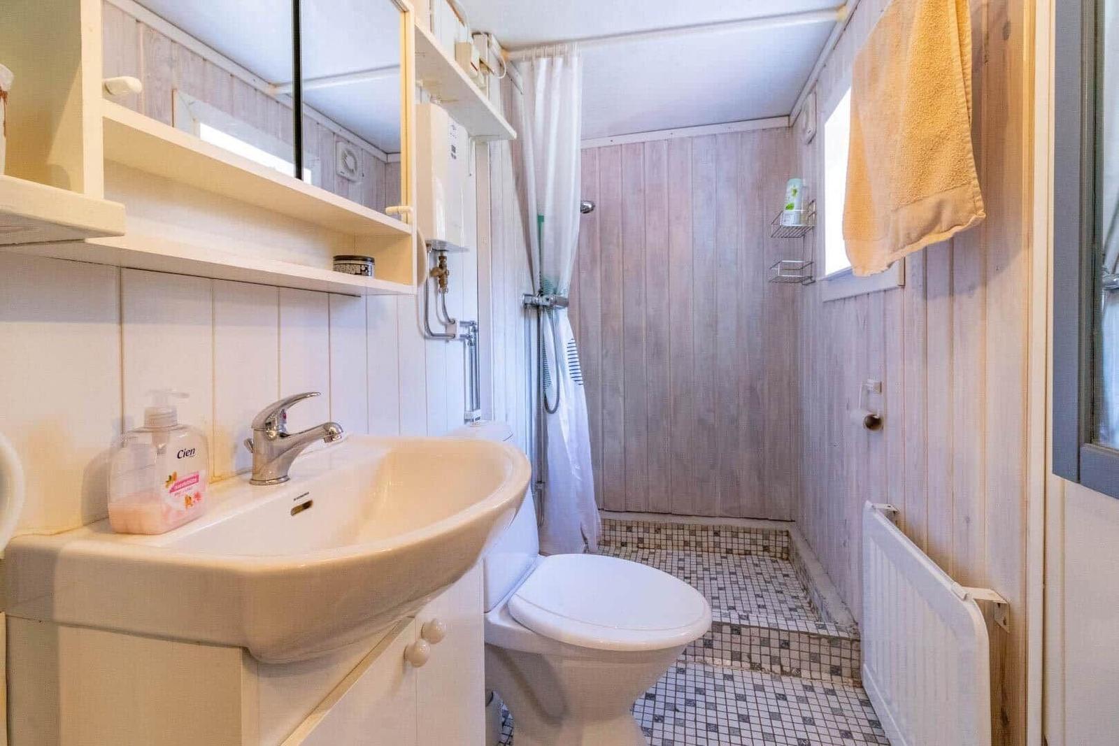 Bathroom with sink, toilet, and shower.