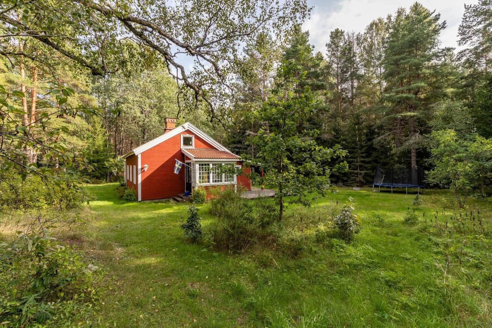 Red wooden house with garden and trampoline in the forest.