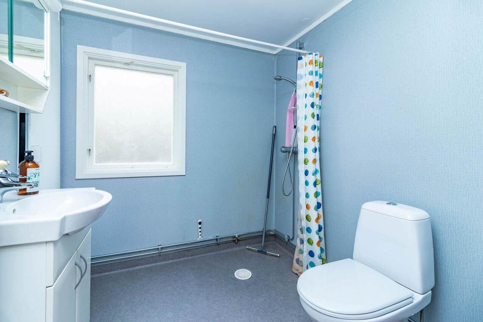 Badezimmer mit Toilette, Dusche und Waschbecken.