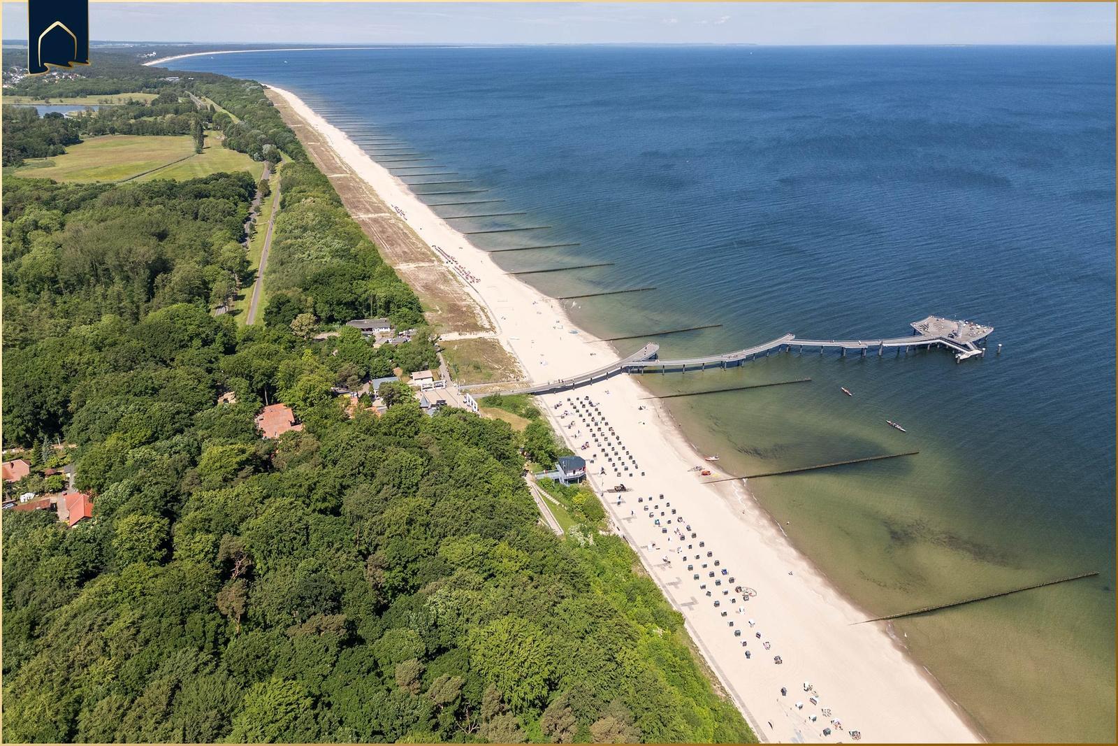 Aussicht auf Strand, See und Pier mit grüner Umgebung.