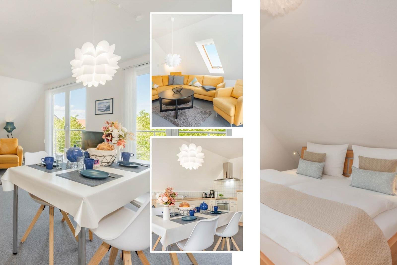 Wohnung mit Essbereich, Küche und Schlafzimmer. Gelber Sofa im Wohnzimmer. 