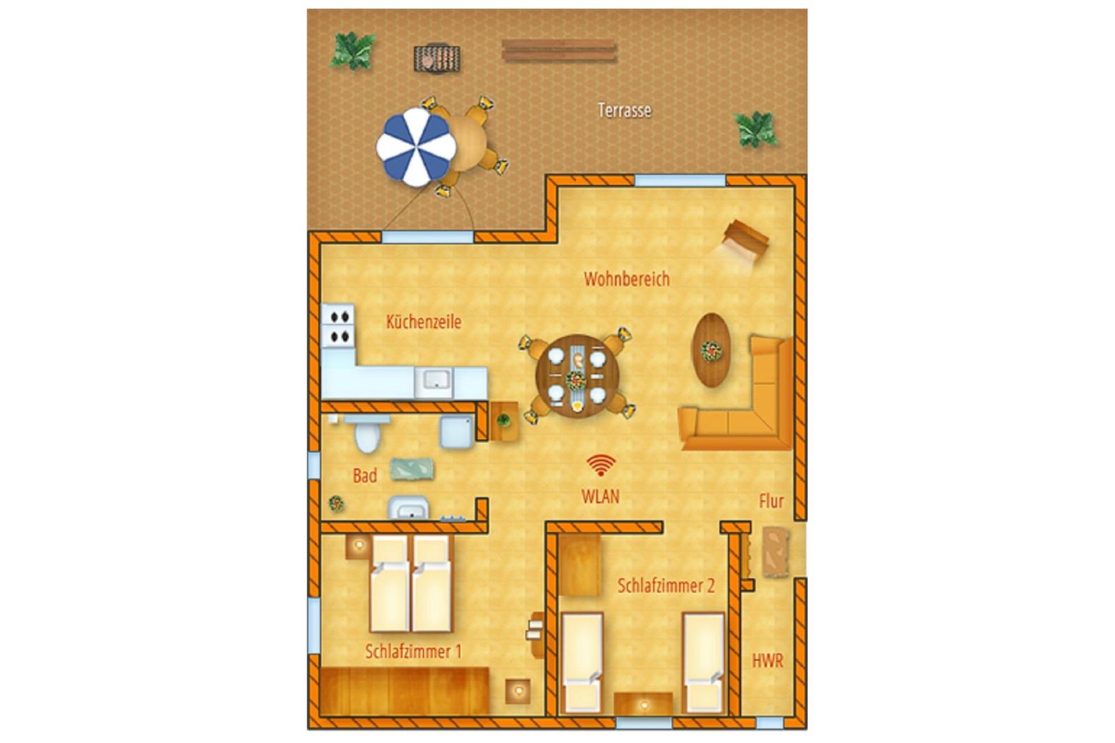 Wohnung mit Küche, Bad, zwei Schlafzimmern und Terrasse mit Sonnenschirm.