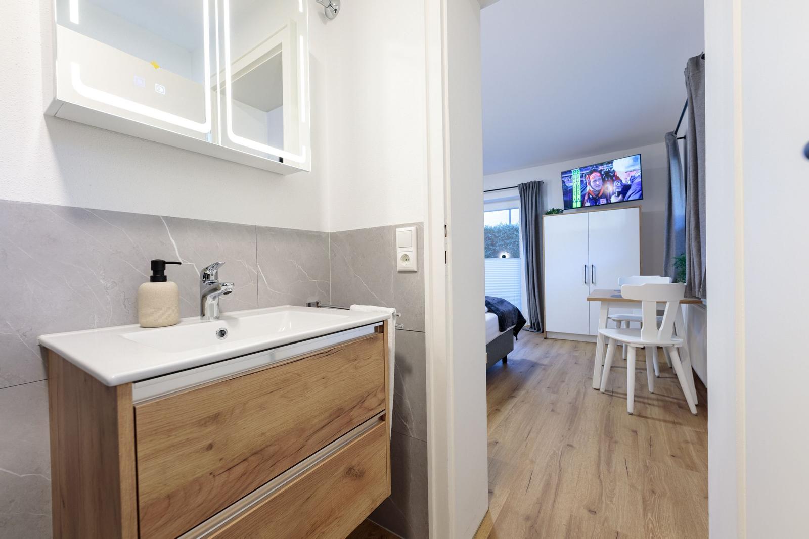 Badezimmer mit Waschbecken und Spiegelschrank. Im Hintergrund Schlafzimmer mit TV und Tisch.