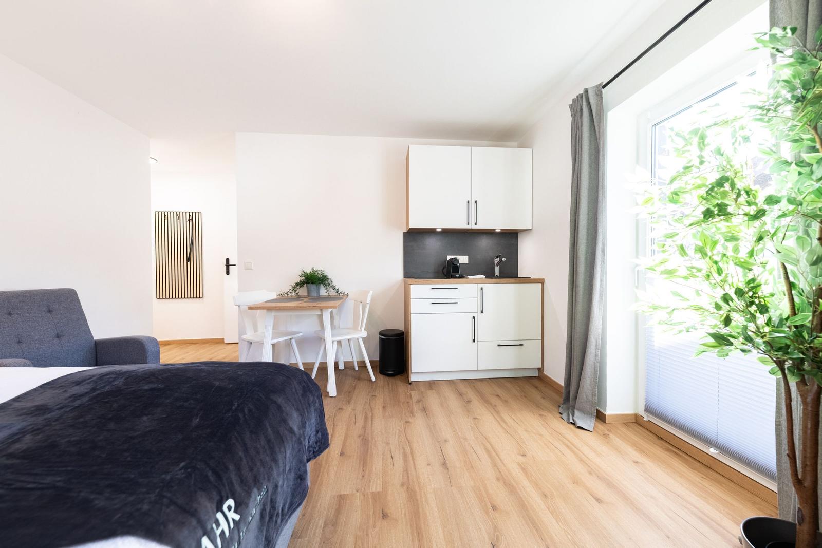 Schlafzimmer mit kleiner Küche und Essplatz. Holzboden, große Fenster und Zimmerpflanze.