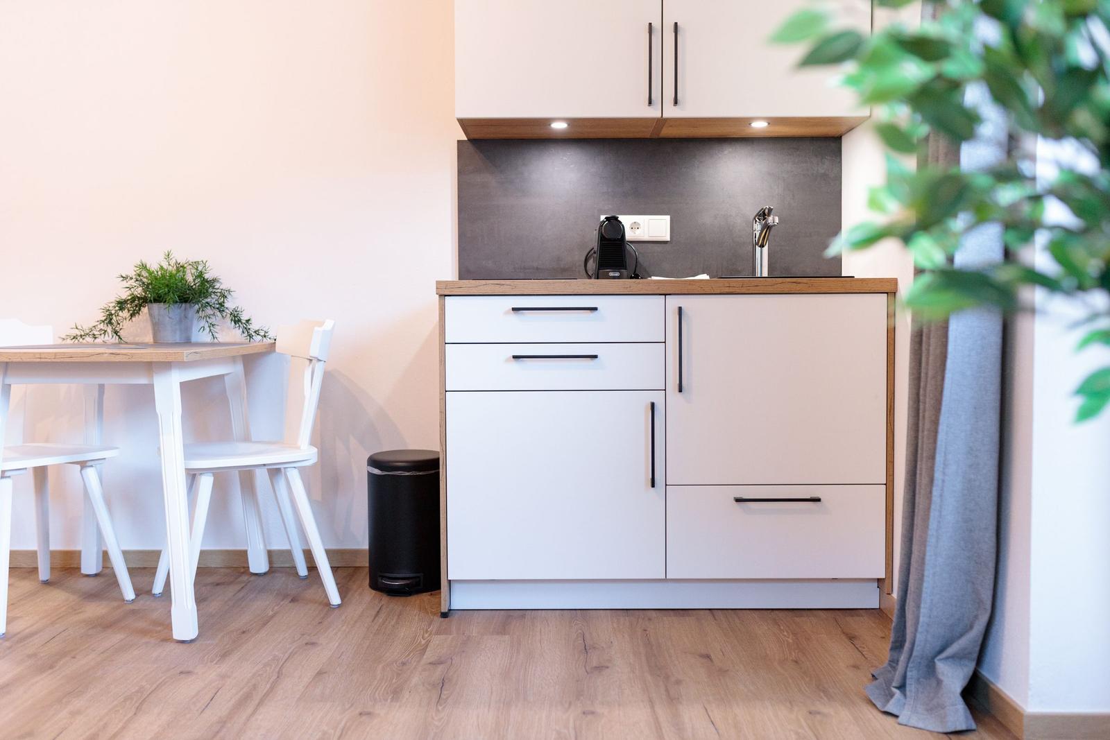 Küche mit Arbeitsfläche, Spüle und Kaffeemaschine. Nebenher Tisch mit Stühlen und Pflanze.