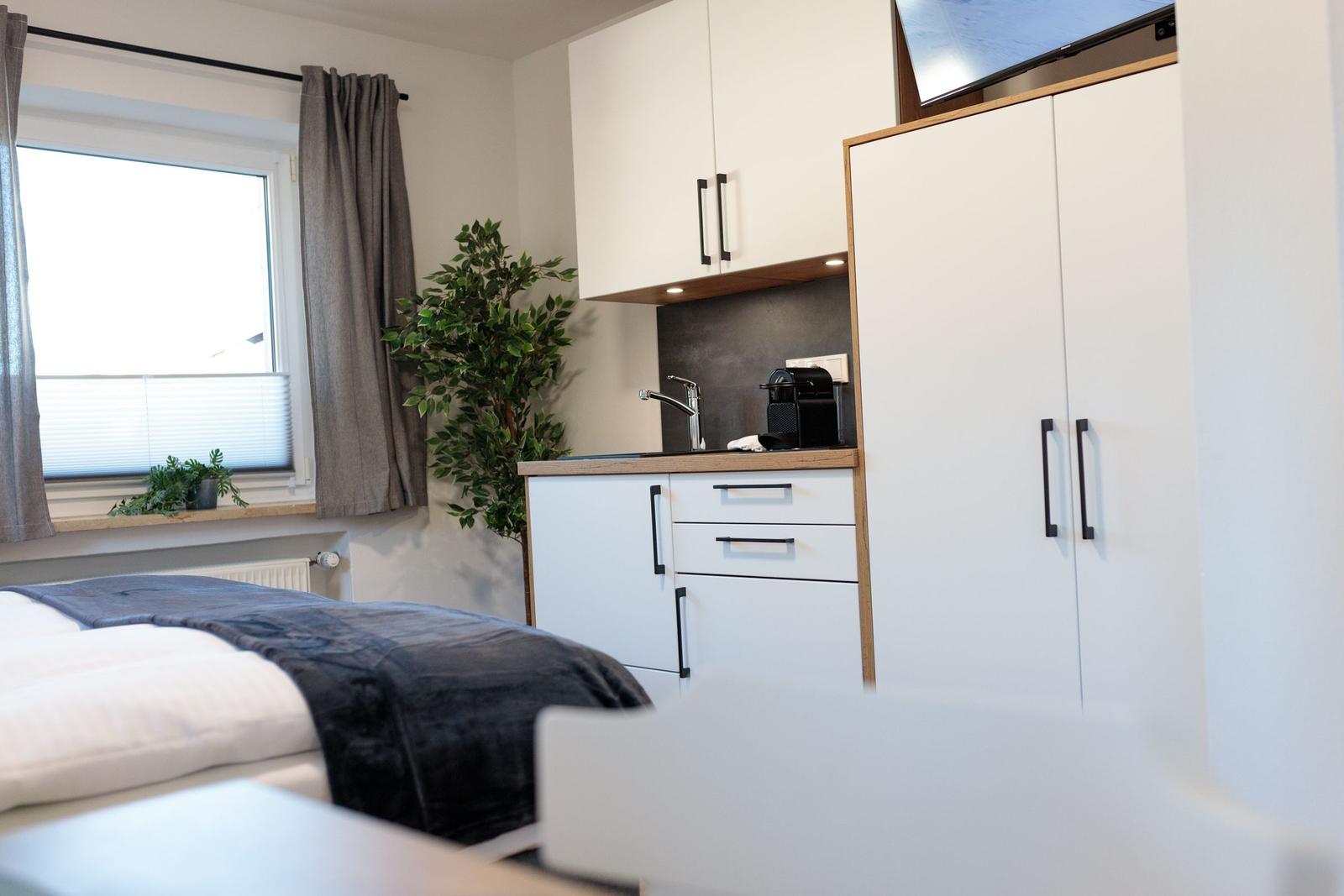 Schlafzimmer mit kleiner Küche und TV. Fenster mit Vorhängen und Zimmerpflanze.
