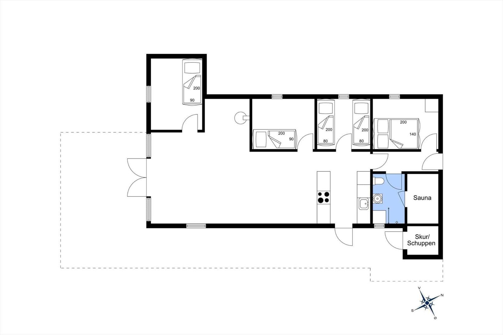 Wohnung mit vier Schlafzimmern, Küche, Sauna und Schuppen.