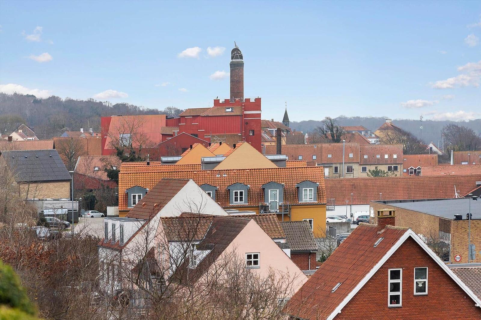 Panoramic view over Danish town with red roofs and prominent tower in the background.