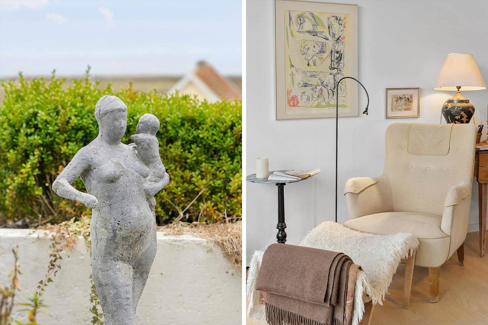 Outside: stone sculpture of a woman with child. Inside: armchair with blanket and lamp.