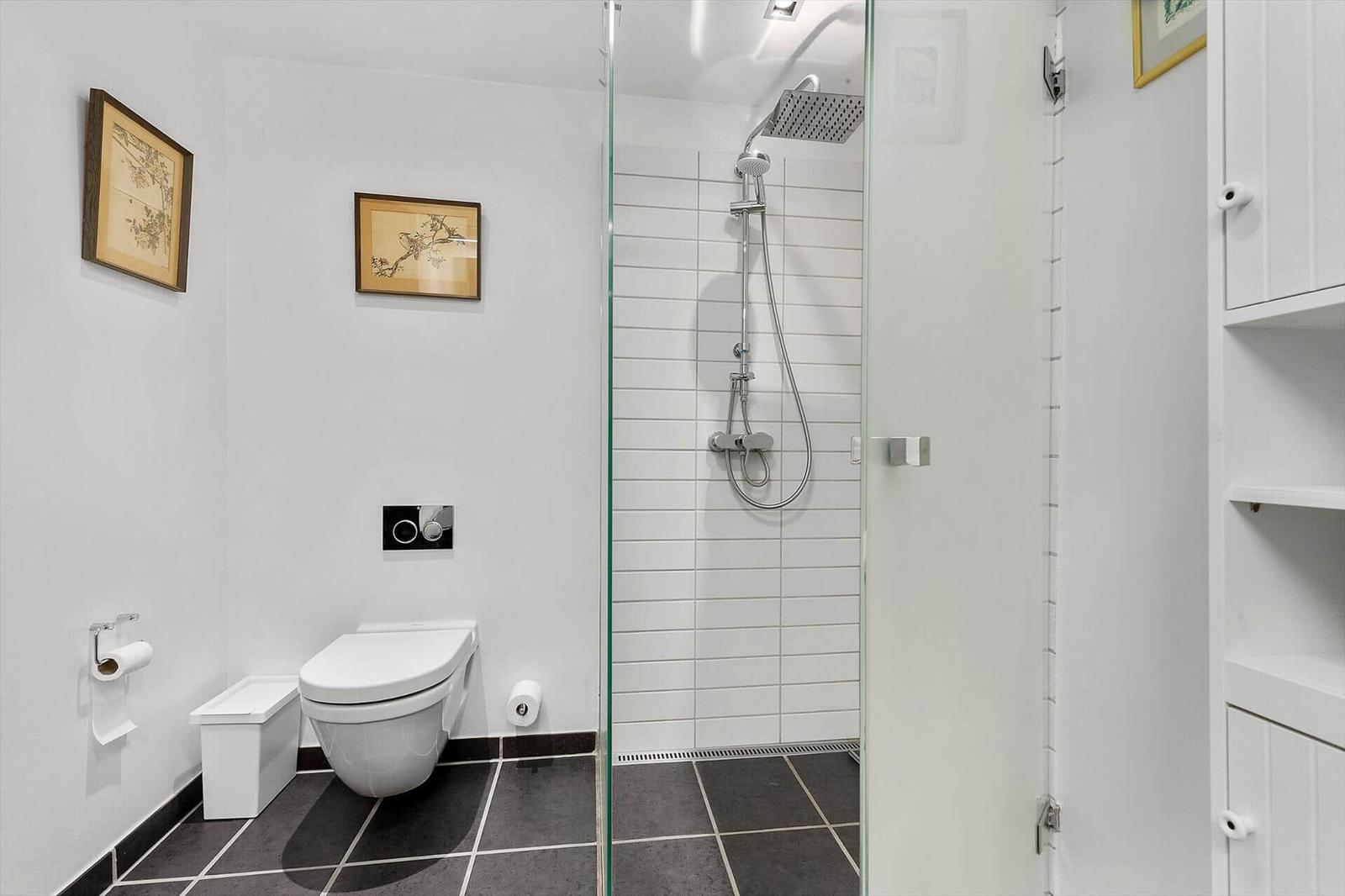 Bathroom with shower, toilet, and white walls.