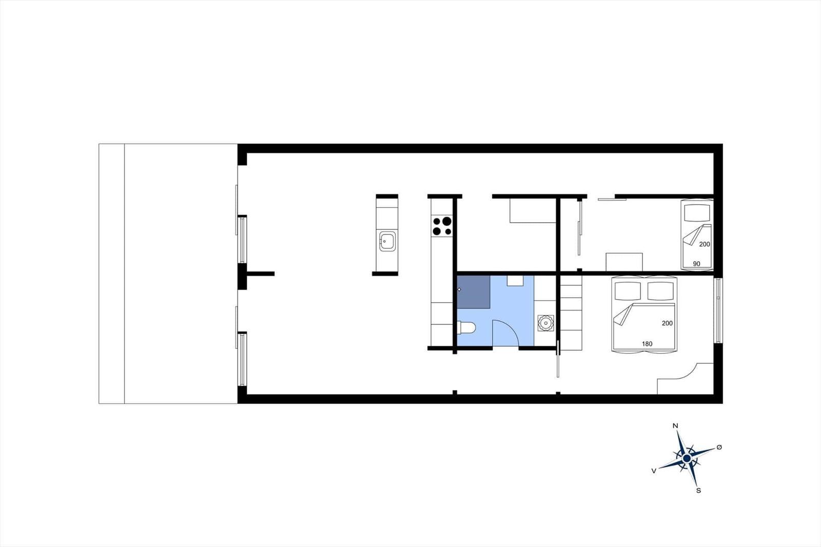 Apartment with kitchen, bathroom, bedrooms, and stairwell.