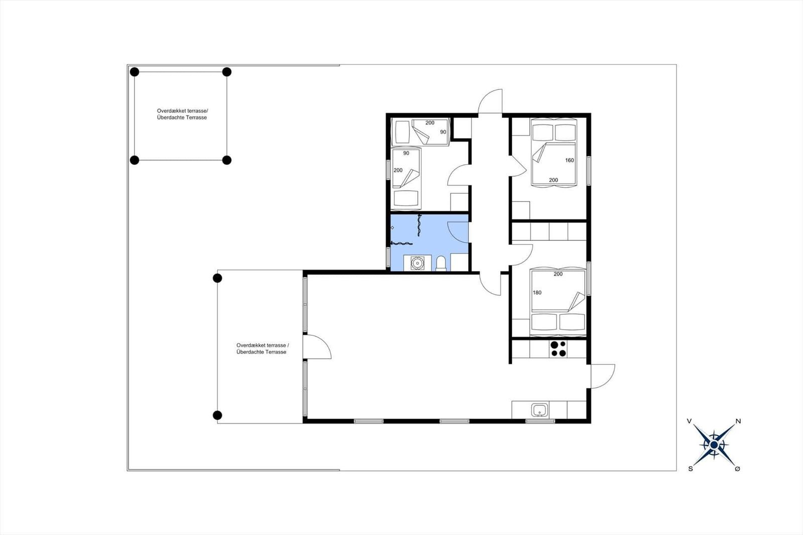 The apartment has two bedrooms, a kitchen, and two covered terraces.