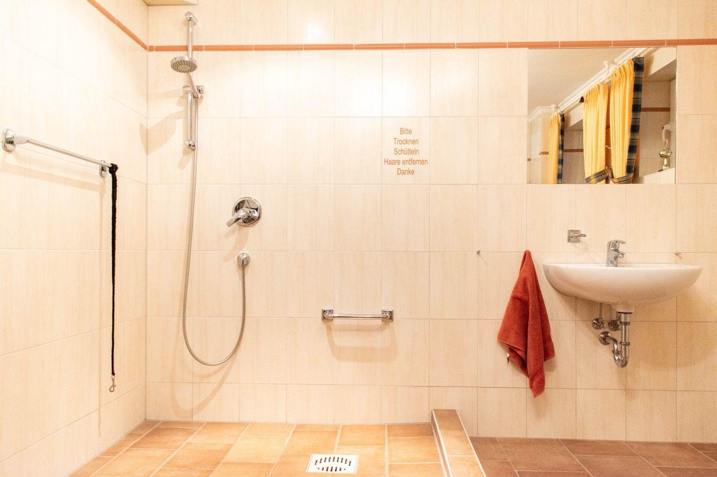 Dusche mit Handbrause, Spiegel und Waschbecken mit Handtuch.