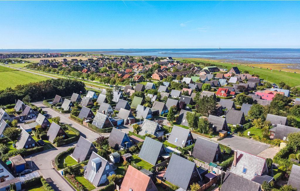 Aerial view of a residential area with many houses near the sea.
