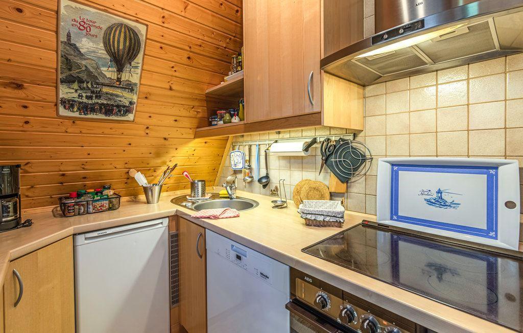 Küche mit Holzwand, Spüle, Herd und Geschirrspüler. An der Wand hängt ein Poster.