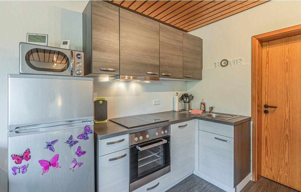 Küche mit Kühlschrank, Mikrowelle und Herd. Holzdecke und Schrankfronten.