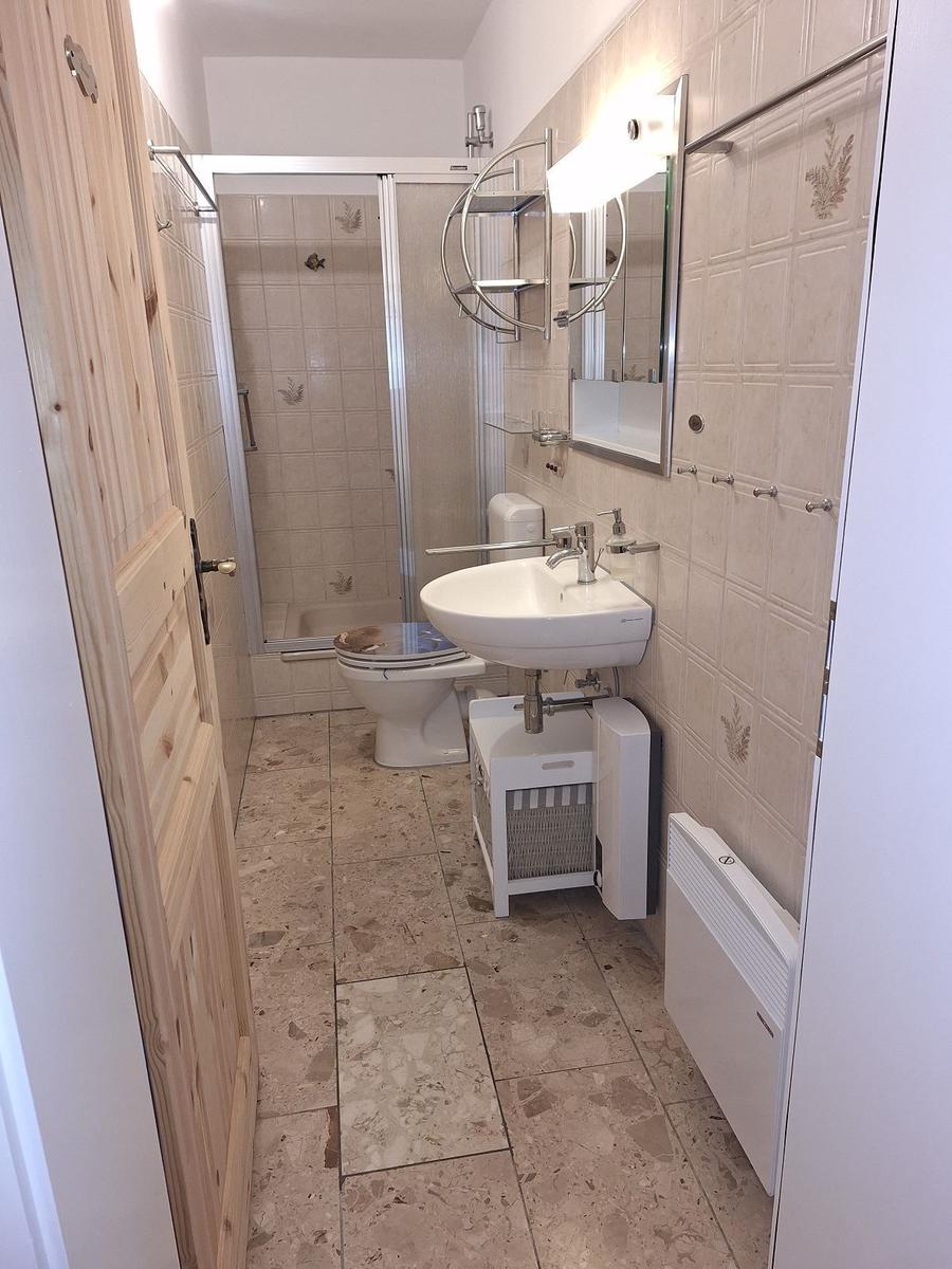 Badezimmer mit Dusche, Toilette und Waschbecken. Fliesen und Holztür sichtbar.